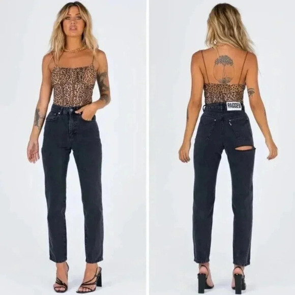 Ragged Priest Butt Cut Jeans Size 28 Washed Black High Rise Slim Straight Leg - Picture 1 of 11